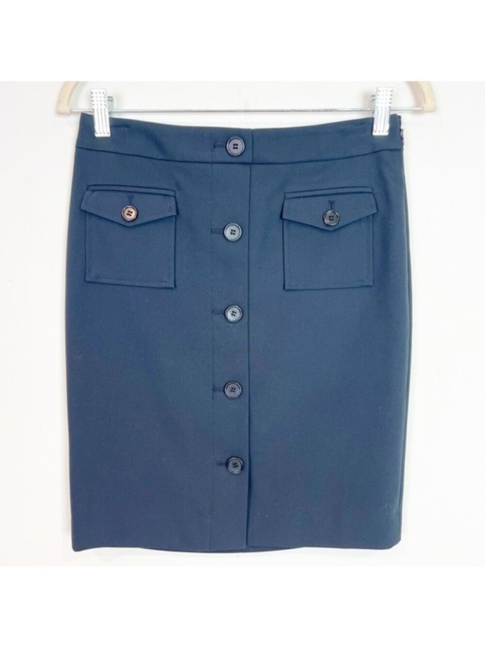 ANN TAYLOR PETITE BLACK PONTE KNOT BUTTON FRONT PENCIL SKIRT WOMENS SZ 2P